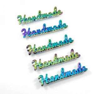 Rainbow Metal Bag Label Script Handmade