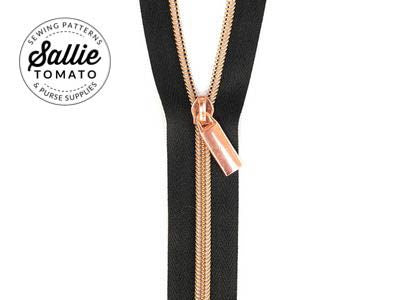 Sallie Tomato Zipper - 3 yds with 9 Pulls - Black Tape/Rose Gold
