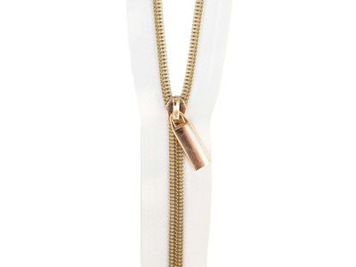 
            
                Load image into Gallery viewer, Sallie Tomato Zipper - 3 yds with 9 Pulls - White Tape/Gold
            
        